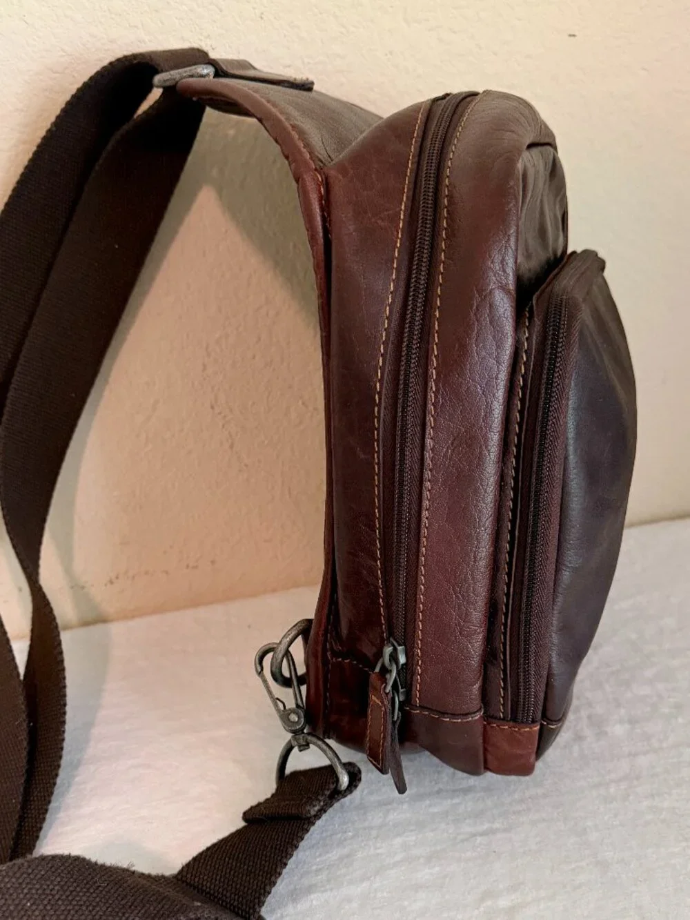 Jack Georges Leather Crossbody Backpack Brown Zip Closure Adjustable Strap Boho